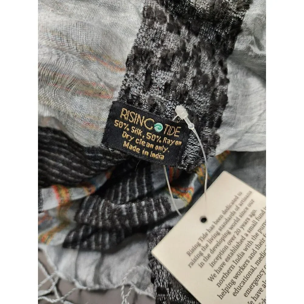 Rising Tide Silk Rayon Scarf Gray Multicolor Open Knit Fringed Hem Made in India